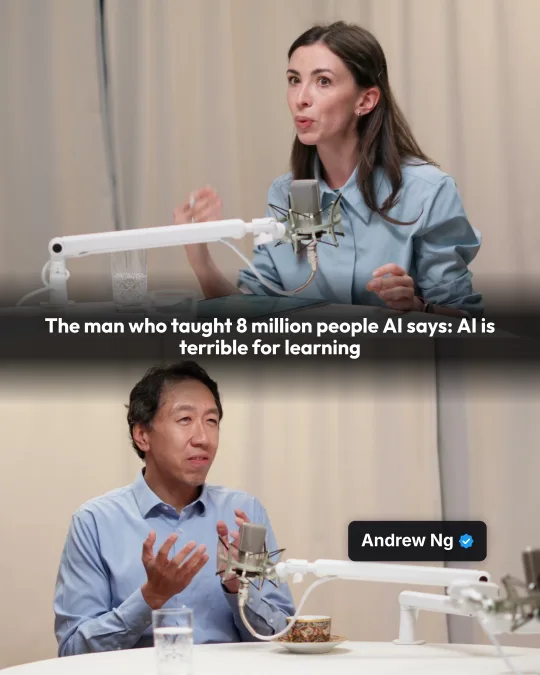 A host and a guest on a podcast. Caption: “The man who taught 8 million people AI says: AI is terrible for learning.”