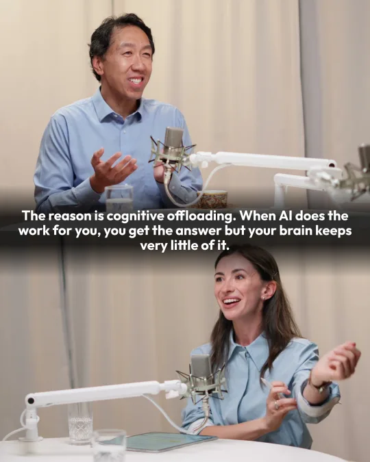 The guest says: “The reason is cognitive offloading. When AI does the work for you, you get the answer but your brain keeps very little of it.”