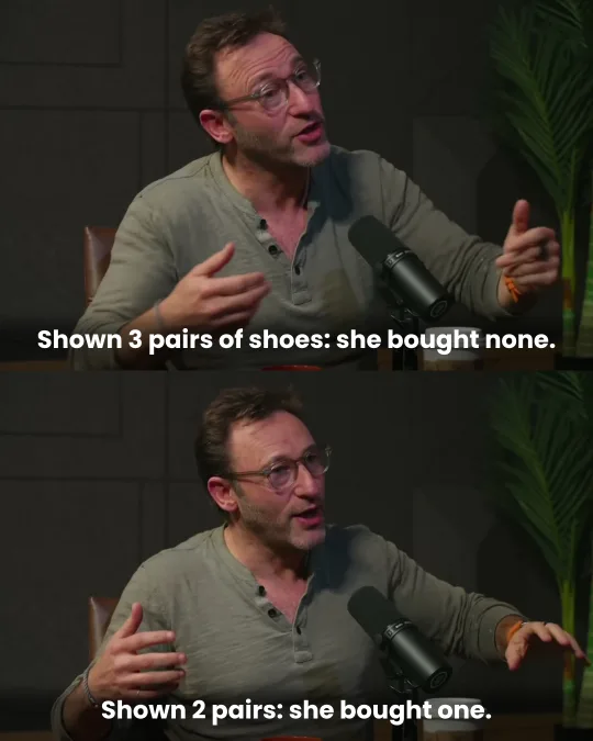 The guest says: “Shown 3 pairs of shoes: she bought none.” Then: “Shown 2 pairs: she bought one.”