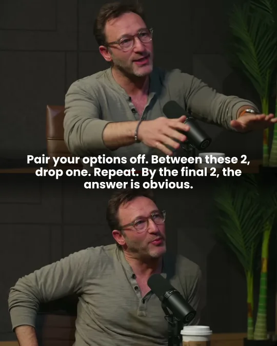 The guest says: “Pair your options off. Between these 2, drop one. Repeat. By the final 2, the answer is obvious.”